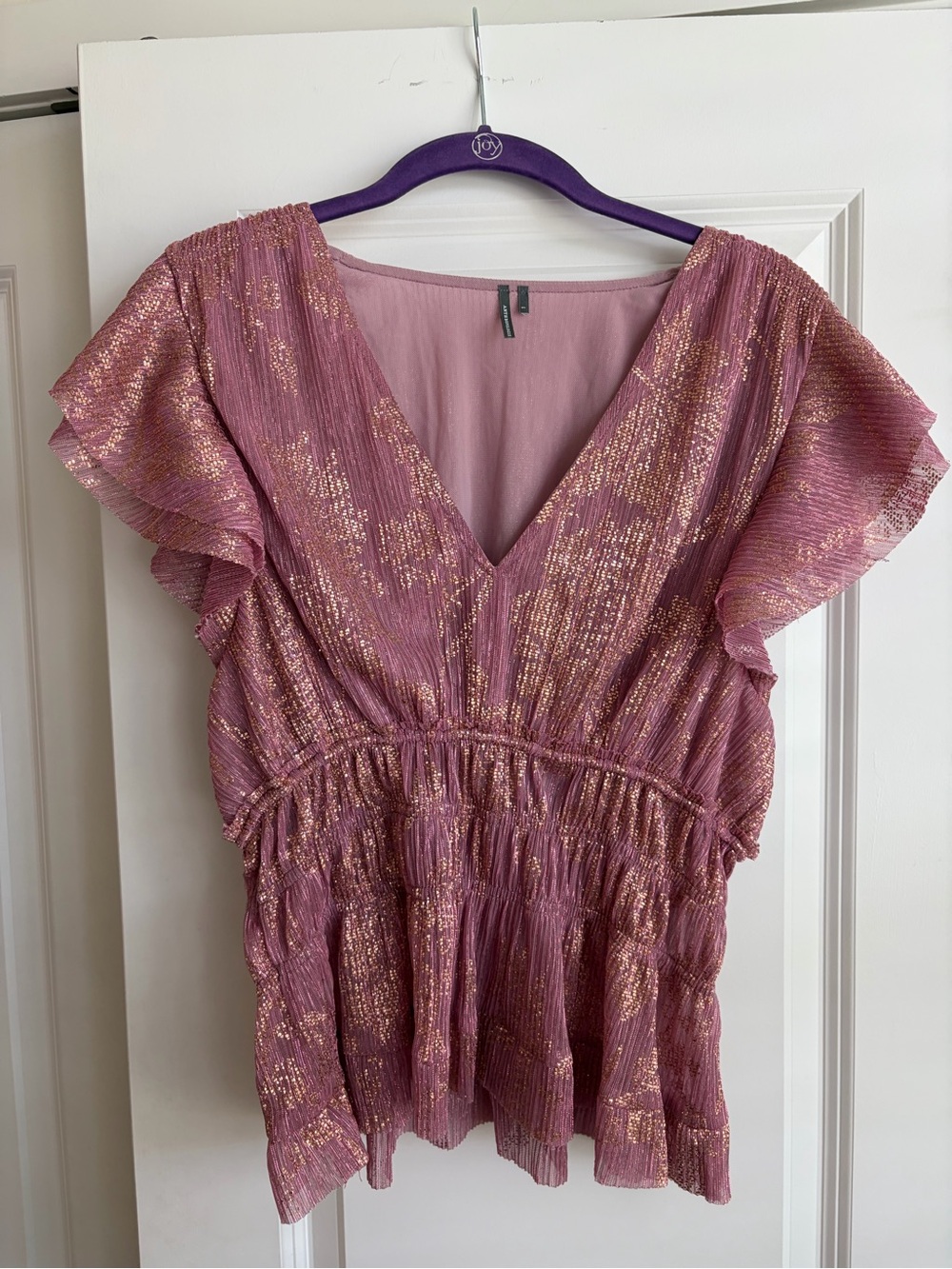 Anthropologie Rose-Pink Metallic V-Neck Ruffle Sleeve Blouse